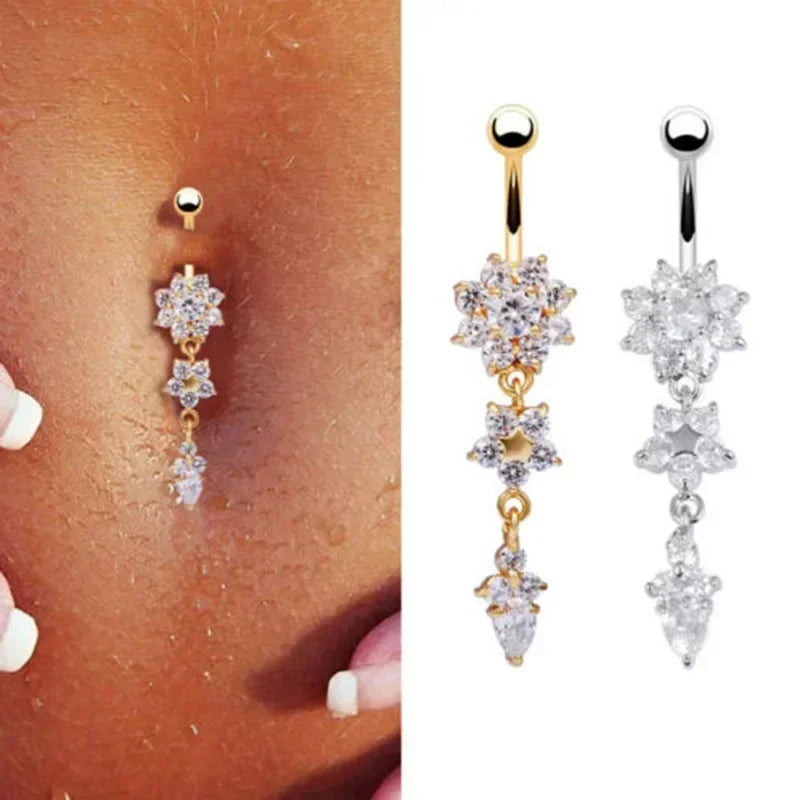 Dospita Crystal Navel Nail Ring Alloy Zircon Bar Barbell Drop Flower Dangle Body Piercing Belly Button Rings Men Women Body Jewelry