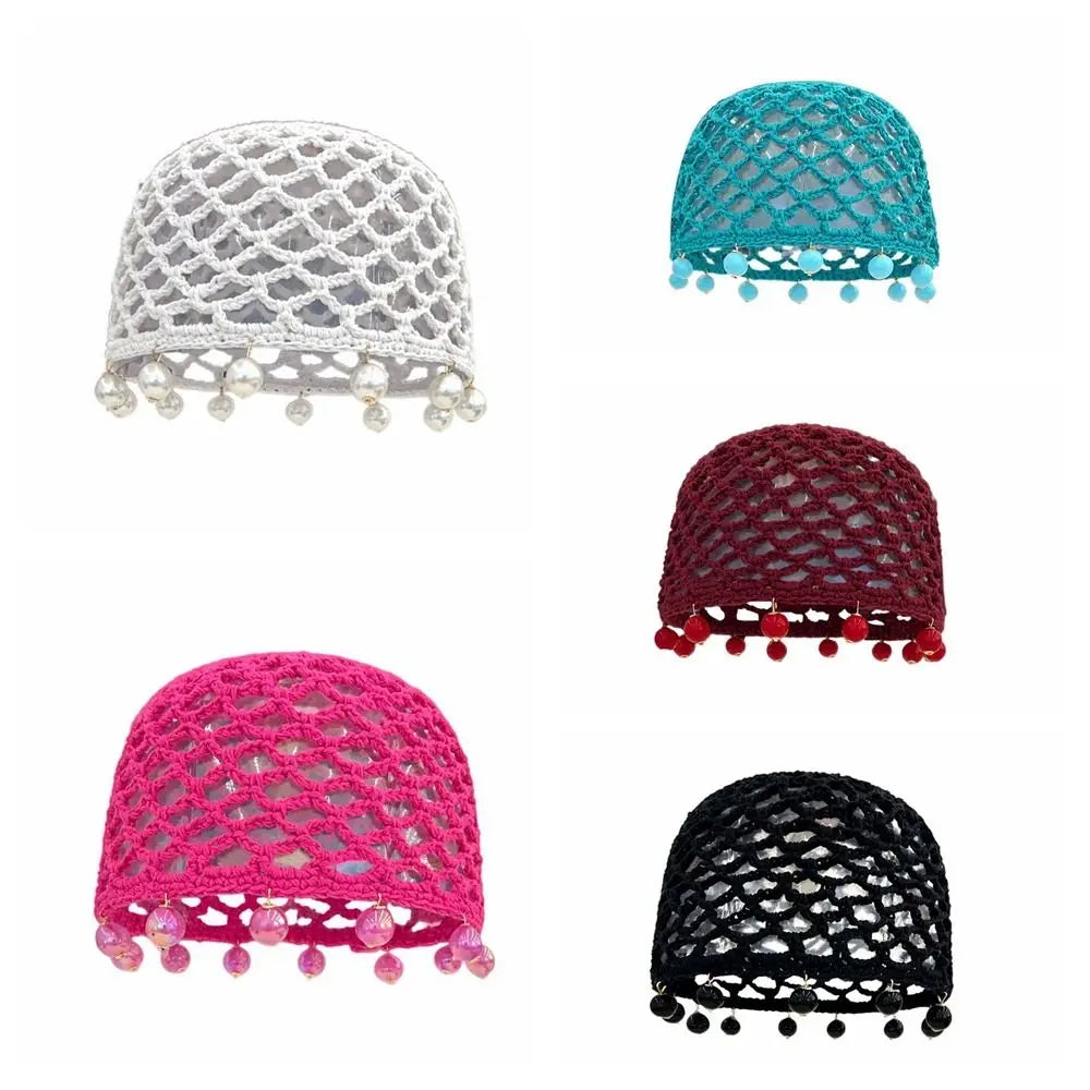 Dospita Round Beads Crochet Hollow Tassels Knitted Hat Hollow Out Cap Knit Beanies Korean Weave Ethnic Style Hat Apparel Accessories