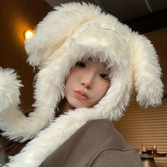 Dospita Sweet Long Rabbit Ears Fuzzy Bunny Hat Cute Keep Warm Women's Plush Caps Soft Ear Protection Winter Beanies Hats Ladies