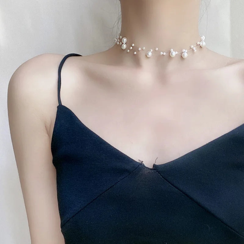 Dospita Minimalist Shiny Multilayer Imitation Pearls Transparent Fish Line Necklace For Women Clavicle Chain Choker Wedding Jewelry