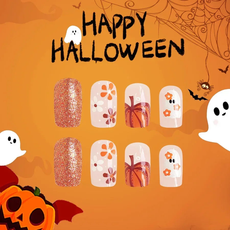 Dospita 24pcs Cute Ghost&Pumpkin Halloween Press-On Nails-Glossy Short Square Fake Nails with Festive Designs False Nail for Women/Girls