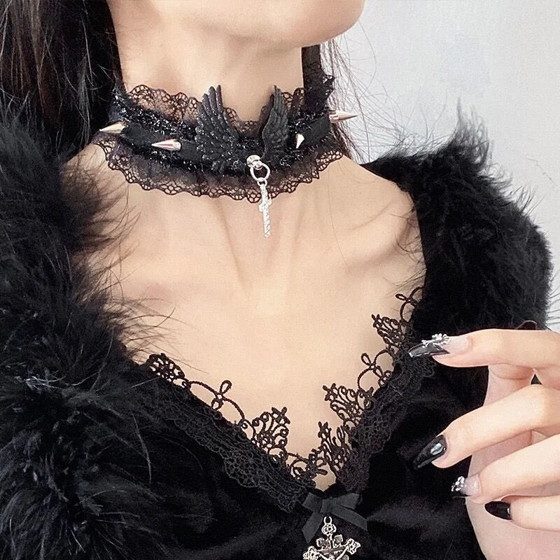 Dospita  -  Retro White Punk Rivet Collar Choker Women Sexy Lace Cross Pendants Gothic Girl Neck Jewelry Accessories