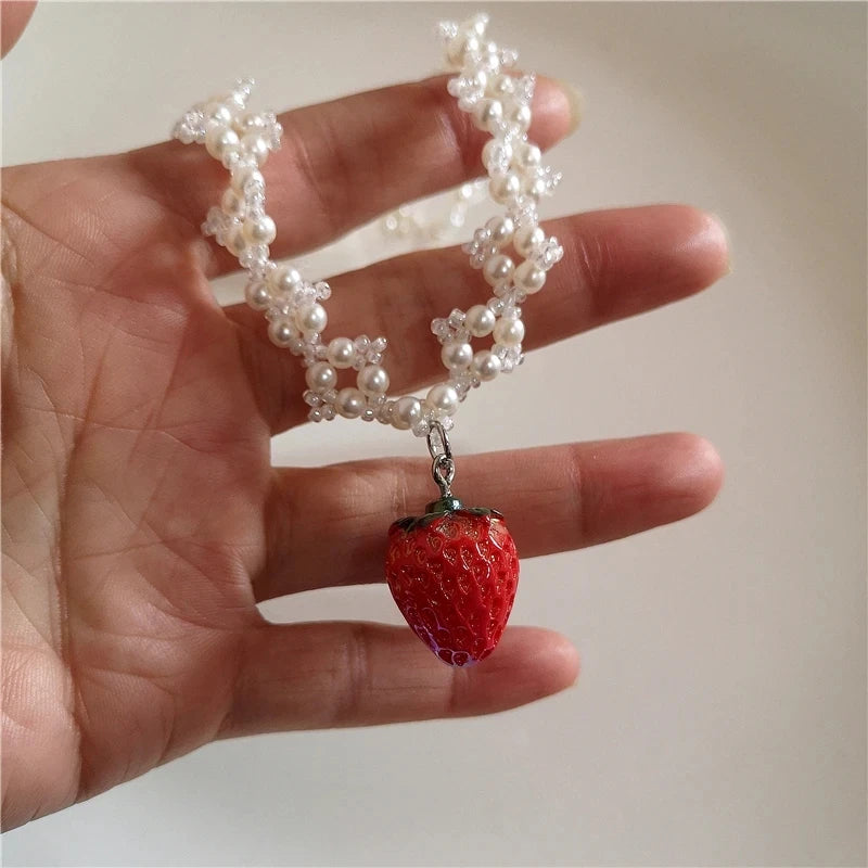 Dospita  -  Y2K Strawberry Pendant Necklace Choker for Women Children Jewelry Imitation Pearl Neck Clavicle Chain Cute Accessories New