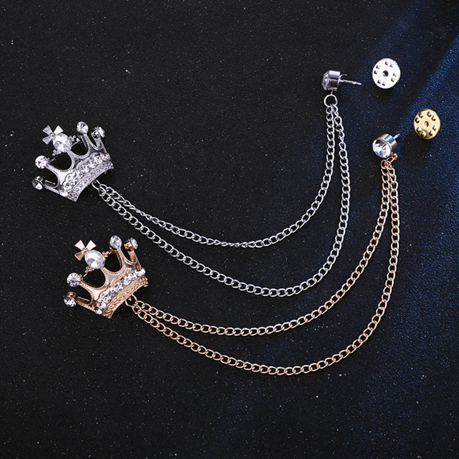 Dospita Korean Luxury Rhinestone Crown Brooch Pin Tassel Lapel Pins Suit Shirt Collar Badge Corsage Brooches For Men Jewelry Accessories