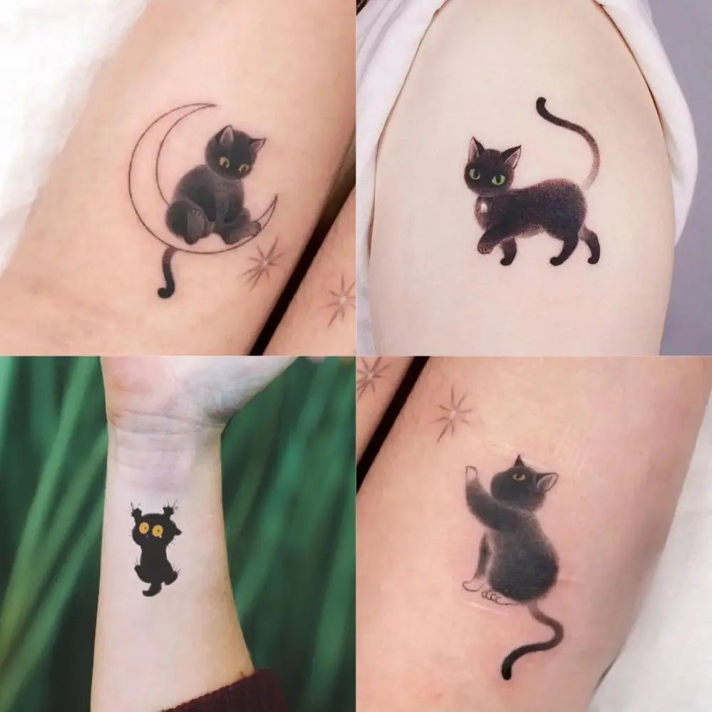 Dospita  -  Cute Black Cat Tattoo Stickers for Women Man Arm Art Temporary Tattoos Waterproof Fake Tattoo Cartoon Lasting Tattoo Stickers