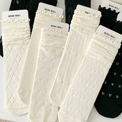 Dospita  -  1/5 Pairs Thin Hollow Socks Women Wooden Ear Edge Pleated Mid-tube Stockings Summer Lace Mesh Breathable Sweet Girls Ruffle Sock