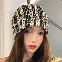 Dospita Windproof Crochet Striped Skullies Cap Korean Style Keep Warm Women Knitted Hat Big Head Circumference Thicken Slouchy Beanie