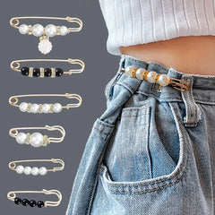 Dospita 6Pcs Pearl Brooches Set Waist Buckle Cardigan Jeans Button Brooch Pins Women Sweater Coat Anti Fall Pearl Clothes Pin Decoration