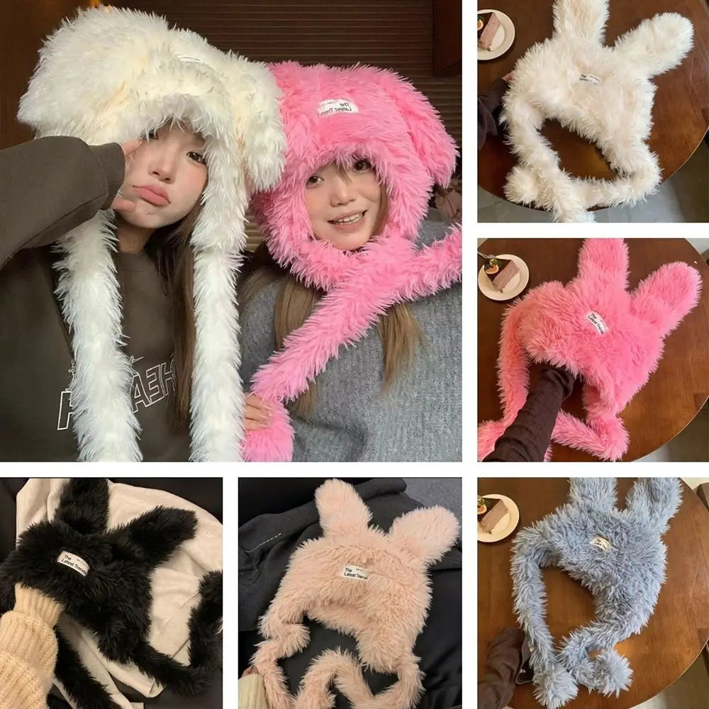 Dospita Sweet Long Rabbit Ears Fuzzy Bunny Hat Cute Keep Warm Women's Plush Caps Soft Ear Protection Winter Beanies Hats Ladies