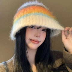 Dospita Fashion Korean Y2k Striped Hat Autumn Winter Casual Colored Woolen Hat Handmade Warm Women Beanie Hat Girls