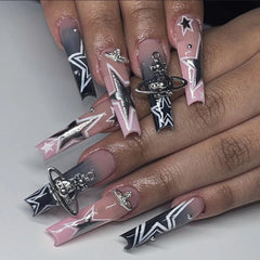 Dospita y2k Nails Five-pointed Star Pattern False Nails Halloween Style Long Coffin Ballet Press on Nails For Girl Full Cover Wearable