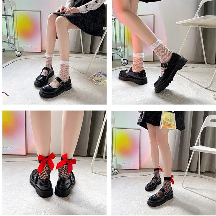 Dospita Fishnet socks bow Japanese women Lolita Sweet Princess socks White cute Korean version black lace fishnet socks