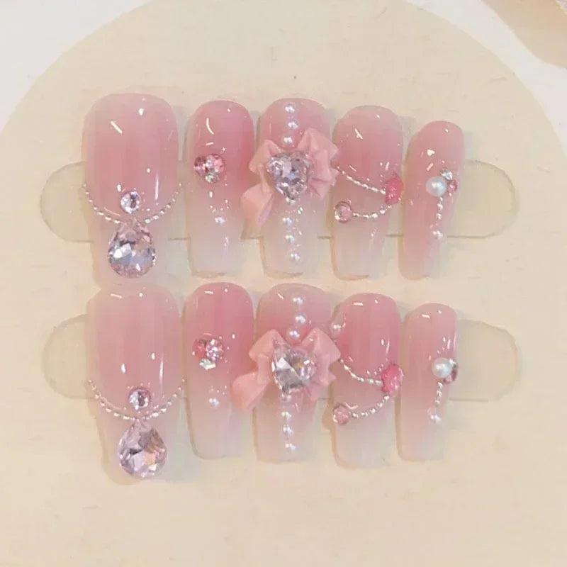 Dospita 10pcs removeable ballet press on acrylic nails full cover gradient pink false nails with 3D charms handmade stick on nails long