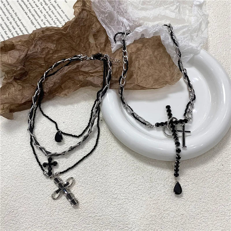 Dospita Multi Layer Dark Cross Leather Necklace Cross Punk Women Necklace Collarbone Chain Accessory 2024 New Jewelry Collection Gift ﻿