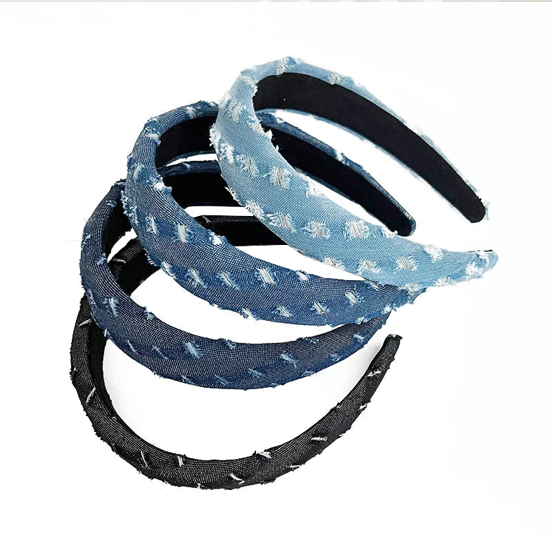 Dospita Sponge Padded Head Hoop Denim Tie Dyed Headband Fashion Retro High Skull Top Wide Side Hairbands 1PCS Handmade Headwear Blue