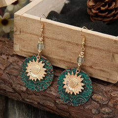 Dospita New Product Retro Bohemian Color Separation Double Sunflower Delicate Pattern Earrings Retro Fashion Drop Earrings