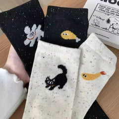 Dospita  -  1/2pairs New Autumn Vintage Dot Women Cat Fish Socks Cute Cartoon Cat Fish Pattern Middle Tube Socks Soft Thermal Warm Crew Sock