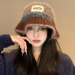 Dospita Retro Striped Knitted Bucket Hats For Women Winter Thicken Warm Panama Bob Female Plush Fisherman Hats Lady Basin Caps Gorros