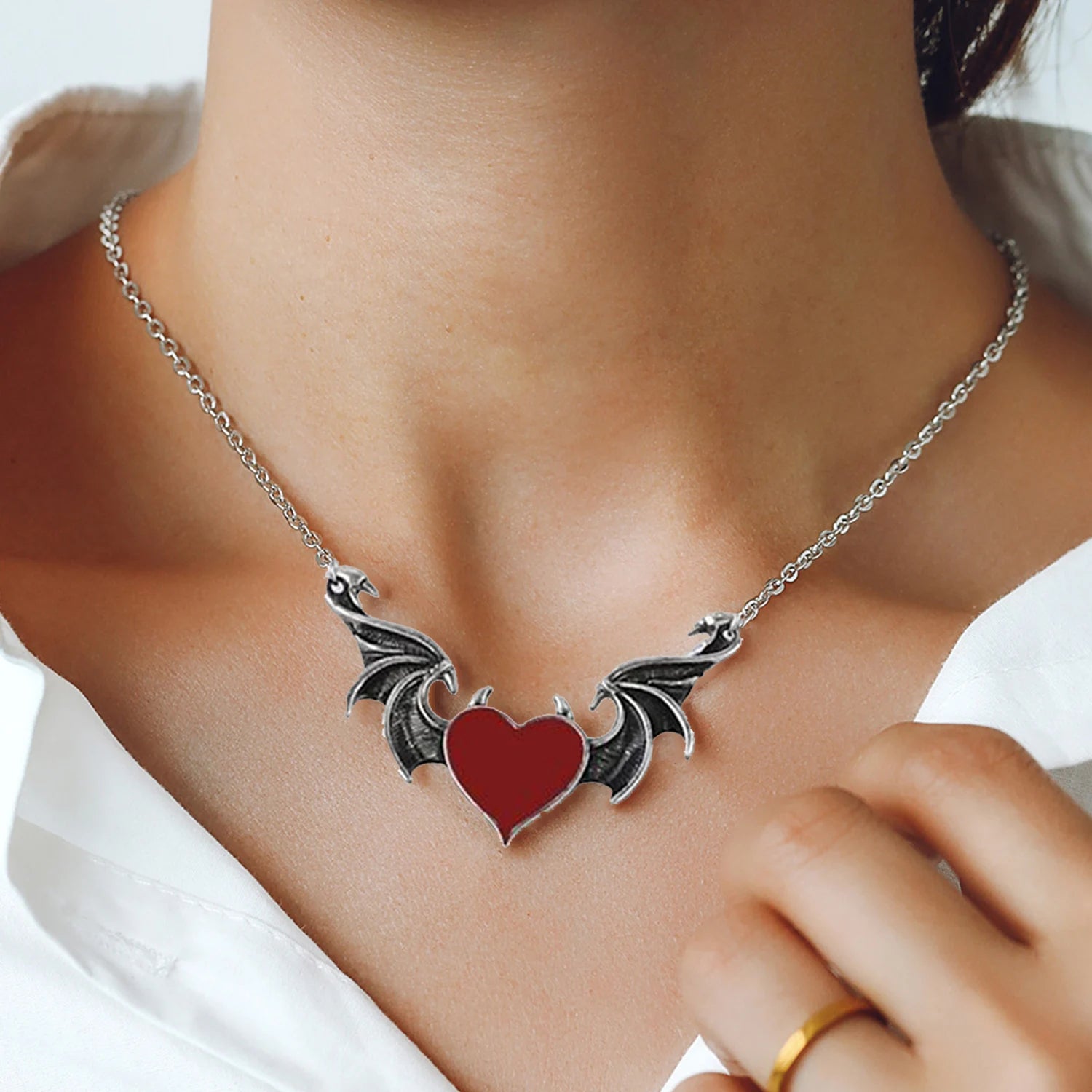 Dospita Heart Love Wings Evil Demon Charm Necklace for Men Women Vintage Gothic Hip Hop Bat Pendant Accessories Gift