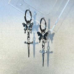 Dospita Punk Charms Butterfly Dagger Earrings Goth Accessories Cross Drop Earrings for Women Grunge Jewelry Korean Fashion Earing