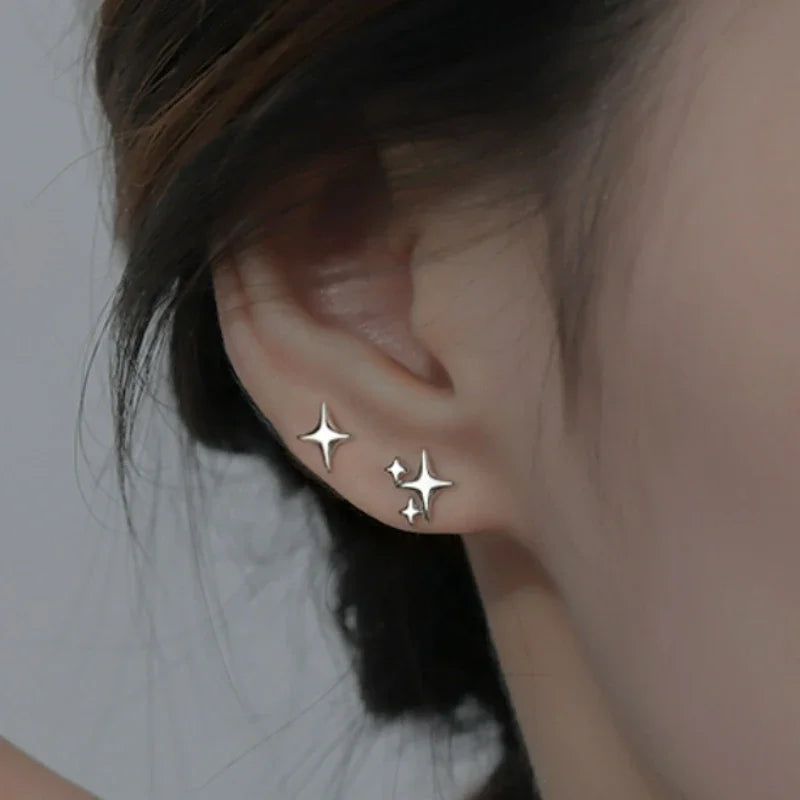 Dospita Stamp Silver Color Star Stud Earrings Women Girl Gift Cute Asymmetry Simple Earring Jewelry