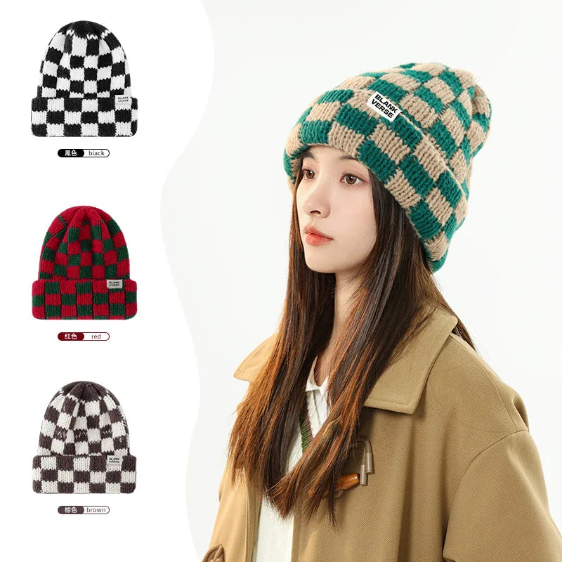 Dospita  -  Fashion Plaid Knitted Beanies for Women Winter Pullover Hat Red Green Color Checkerboard Skull Hat Street Casual Beanie Gorras