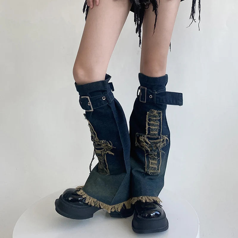 Dospita Punk Gothic Cross Denim Leg Warmers Harajuku Boot Cuffs Sock Y2K Star Strap Leg Covers Personalized Calf Socks Y2k Accessories