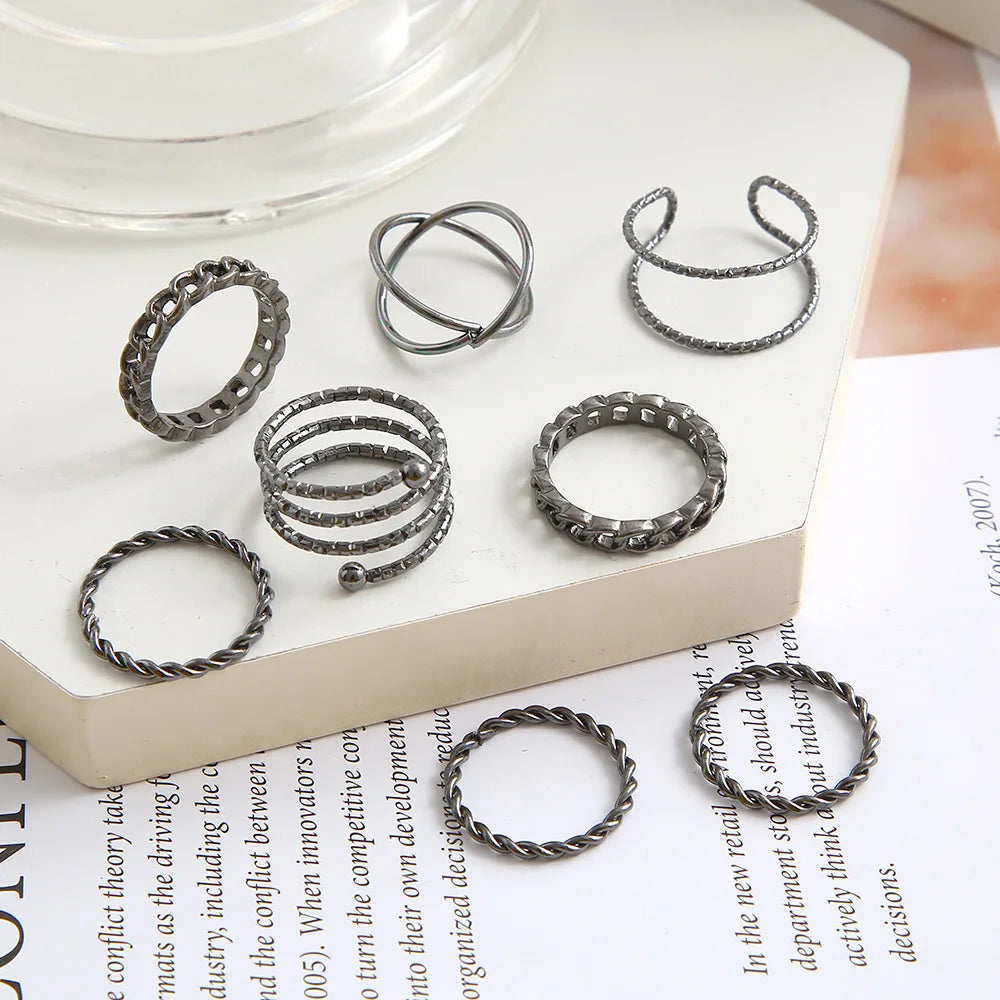 Dospita New Black Ring Female Design Sense Of Niche Simple Joint Ring Creative Stacking Combination Set Of 8 Sets