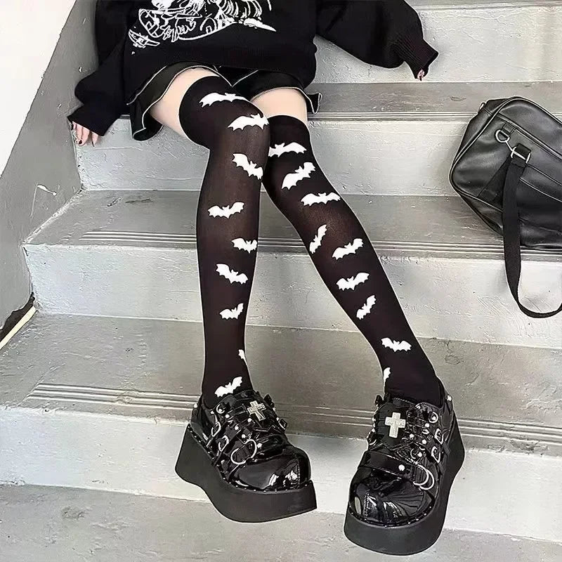 Dospita  -  New Punk Bat Pattern Stockings Women's Gothic Dark Thigh High Long Socks Lolita JK Halloween Cosplay Over The Knee Anime Socks