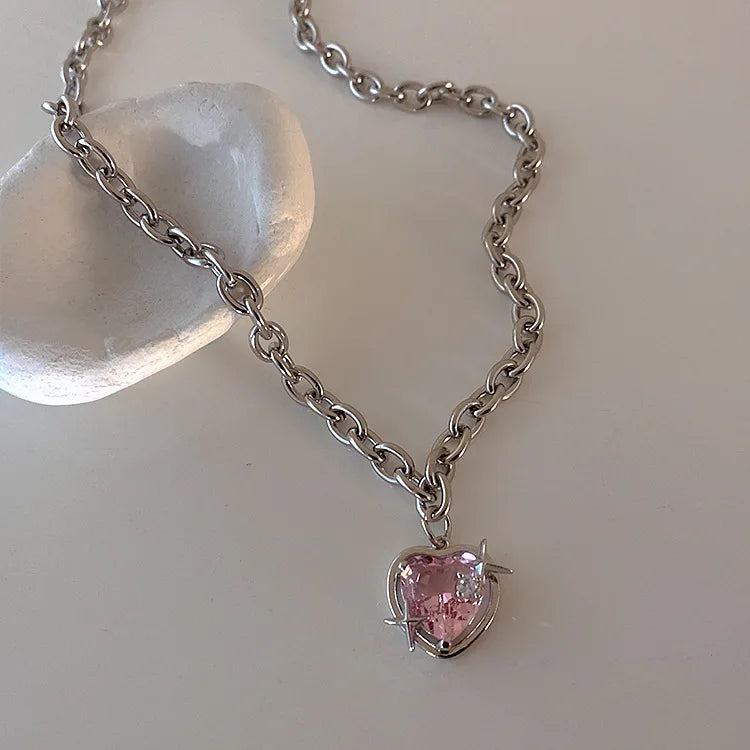 Dospita  -  Y2K Accessories Fashion Peach Heart Water Drop Pendant Necklace Pink Crystal Egirl Sweet Cool Clavicle Chain Aesthetic Jewelry