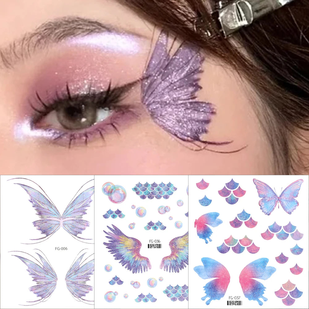 Dospita 3D Butterfly Wings Shiny Tattoo Sticker Waterproof Eyes Face Body Art Fake Tattoos For Women Makeup Festival Decoration