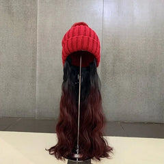 Dospita Gradient Wigs Hat Women Long Curly Wig Hat Trends Knitted Warm Wig Hats Beautiful Casual Wig Beanies Chic Elegant Wig Bonnets