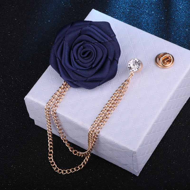 Dospita 1pc Men's Suit Rose Flower Brooches Canvas Fabric Ribbon Tie Lapel Pin Badge With Tassel Chain Men Wedding Brooch