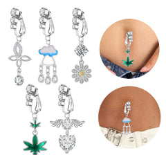 Dospita Faux Fake Belly Heart Fake Belly Piercing Heart Clip On Umbilical Navel Fake Piercing Moon Leaves Cartilage Earring Clip Jewelry