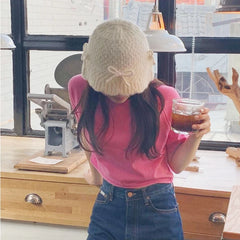 Dospita New Japanese Korean Designer Y2K Yabi Style Bow Tie Girl Autumn Winter Wool Knitted Dome Fisherman Hat Basin Hat Women Amiment