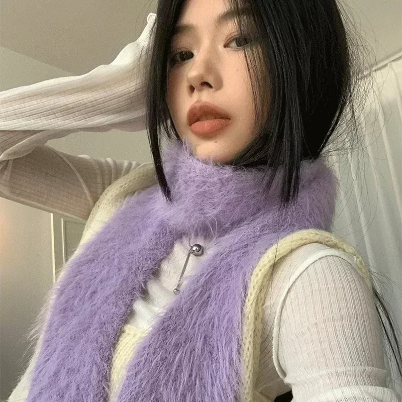 Dospita Korean Designer Runway Style Thin Scarf Fashionable Plush Long Strip Scarf Women's Imitation Mink Fur Y2K Girl Scarf for Warm