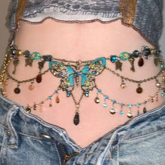 Dospita  -  Butterfly Pendant Tassels Waist Jewelry Dainty Butterfly Pendant Multiayer Waist Chain Elegant Beaded Body Chain