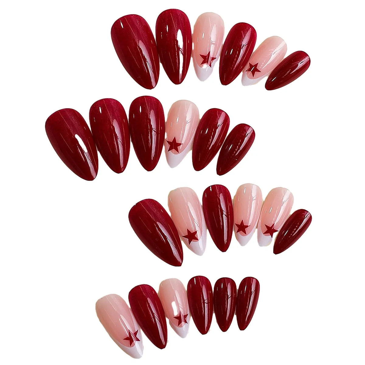 Dospita French Fake Nails Red Five-pointed Star False Nails Full Cover Press on Nail Tips y2k Nail Art Almond Artificial Nail Patches