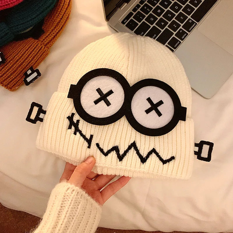 Dospita  -  Kpop Cute Cartoon Cuff Beanie Cap Women's Candy Color Big Eyes Smile Skullies Hat Fashion Streetwear Student Warm Winter Knitted