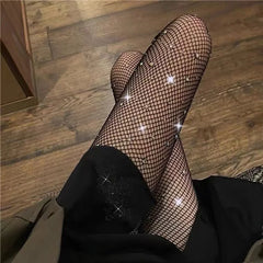 Dospita Black stockings with diamonds Women's thin insets trendy and sexy hollow out fishing net stockings Spring hot diamond sparkling