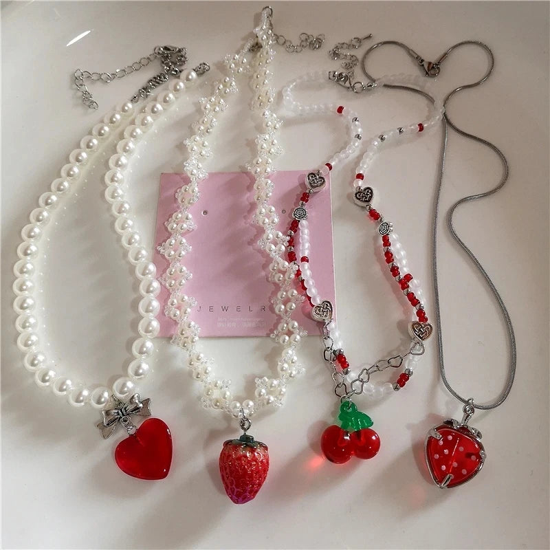 Dospita  -  Y2K Strawberry Pendant Necklace Choker for Women Children Jewelry Imitation Pearl Neck Clavicle Chain Cute Accessories New