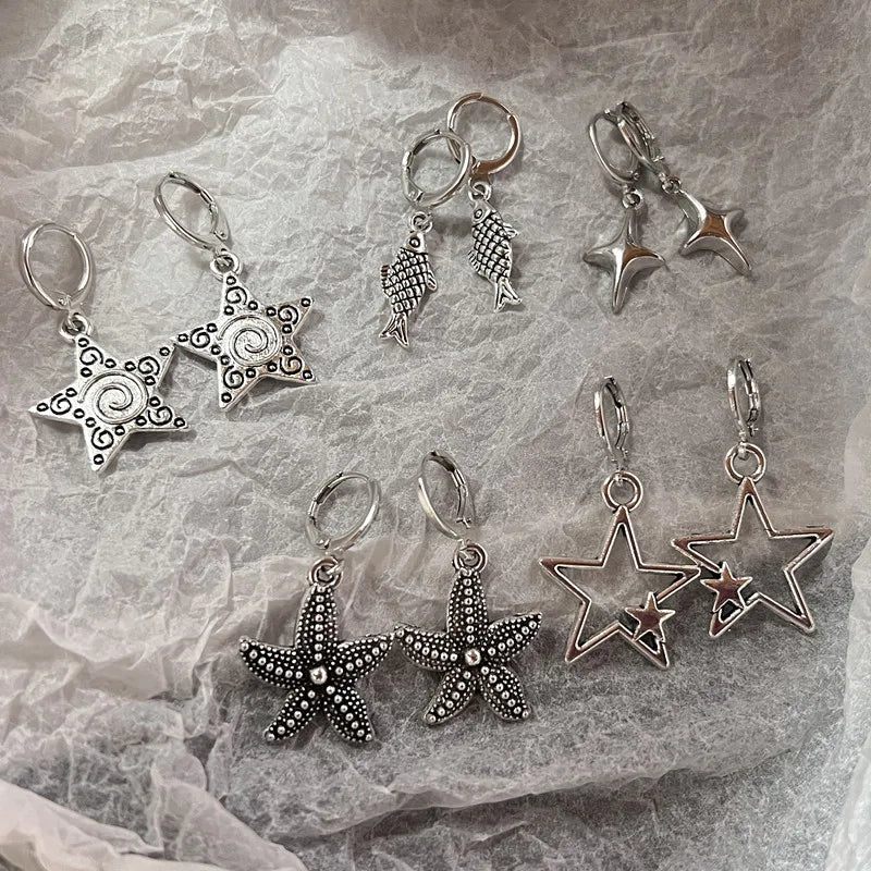 Dospita Punk Star Earrings for Women Double Ring Stud Moon Heart Lightning Pendant Ear Hooks Fashion Y2k Jewelry Accessories Gifts