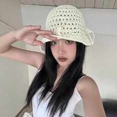 Dospita Korean New Bow Knitted Bowl Hat Womens Summer Hollow Thin Cute and Versatile Small Round Top Fisherman Hat Y2k Girls Bucket Hats