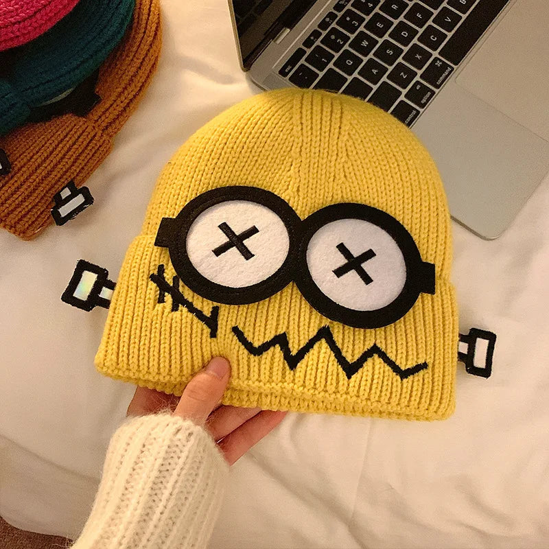 Dospita  -  Kpop Cute Cartoon Cuff Beanie Cap Women's Candy Color Big Eyes Smile Skullies Hat Fashion Streetwear Student Warm Winter Knitted