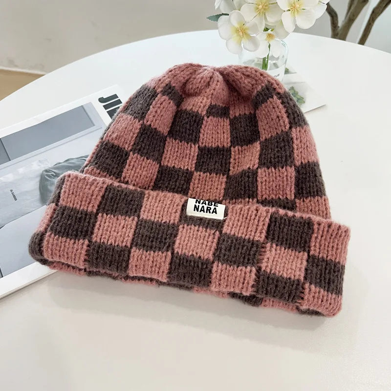 Dospita  -  Fashion Plaid Knitted Beanies for Women Winter Pullover Hat Red Green Color Checkerboard Skull Hat Street Casual Beanie Gorras