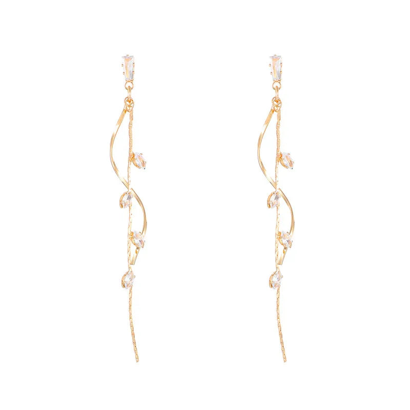 Dospita  -  Long Silver Plated Crystal Leaf Tassel Drop Earrings For Women Wedding Fashion Jewelry Gift