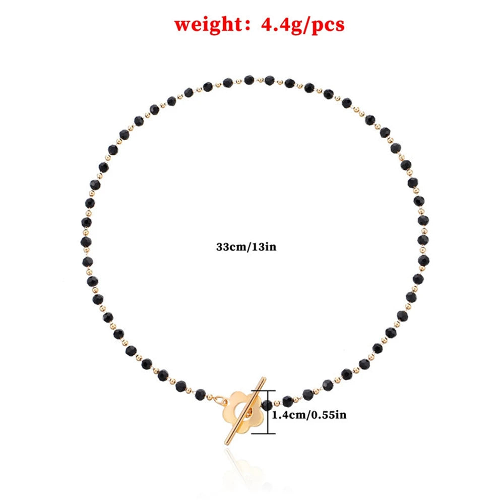 Dospita Black Crystal Bead Chain Necklace Simple OT Buckle Flower Pearl Collar Necklace For Women Girls Wedding Jewelry Gift