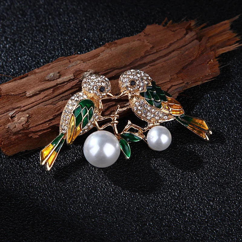 Dospita Magpie Couple Animals Paired Brooches Crystal Rhinestone Pearl Pins Luxury High Quality  Clothing Badges Accessories For Lady