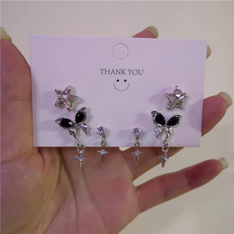 Dospita 6pcs/Set Y2k Love Star Stud Earrings For Women Girl Vintage Irregular Zircon Bowknot Shiny Earrings Set Punk Trendy Jewelry Gift