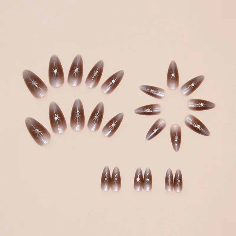 Dospita 24pcs Almond Press on Nail Sweet and Cool Hot Girl Style Fake Nail Flashing Starlight Diamond Nail Art Removable Nail Plates